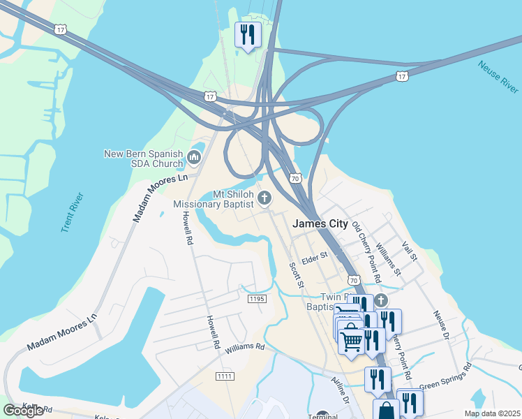 map of restaurants, bars, coffee shops, grocery stores, and more near 307 Scott Street in New Bern