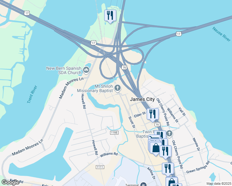 map of restaurants, bars, coffee shops, grocery stores, and more near 307 Scott Street in New Bern