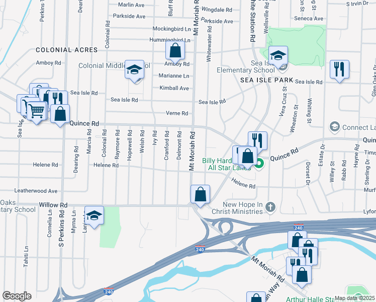 map of restaurants, bars, coffee shops, grocery stores, and more near 1541 Mount Moriah Road in Memphis