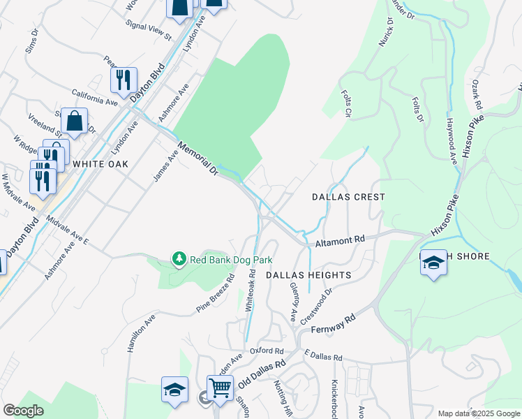 map of restaurants, bars, coffee shops, grocery stores, and more near 619 Memorial Drive in Chattanooga