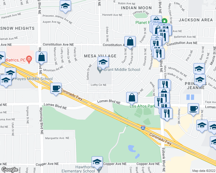 map of restaurants, bars, coffee shops, grocery stores, and more near 9416 Luthy Circle Northeast in Albuquerque