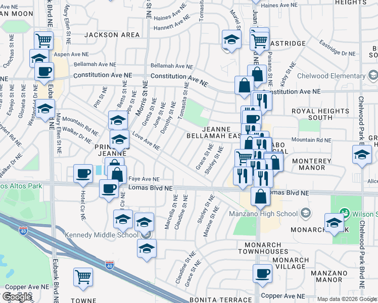 map of restaurants, bars, coffee shops, grocery stores, and more near 1022 Marcella Street Northeast in Albuquerque