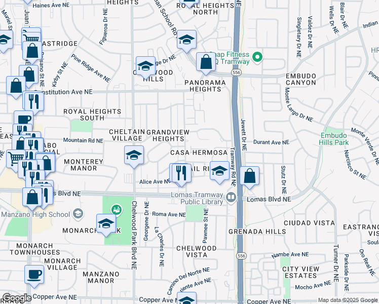 map of restaurants, bars, coffee shops, grocery stores, and more near 34 Casa Hermosa Drive Northeast in Albuquerque