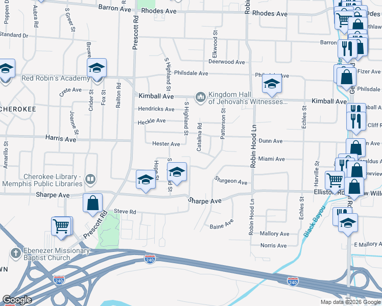 map of restaurants, bars, coffee shops, grocery stores, and more near 1550 Ellsworth Street in Memphis