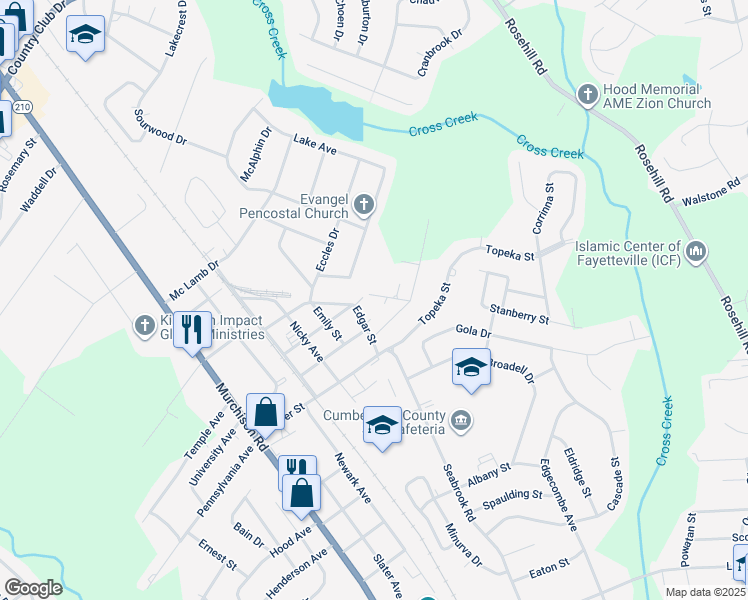 map of restaurants, bars, coffee shops, grocery stores, and more near 2217 Roosevelt Drive in Fayetteville