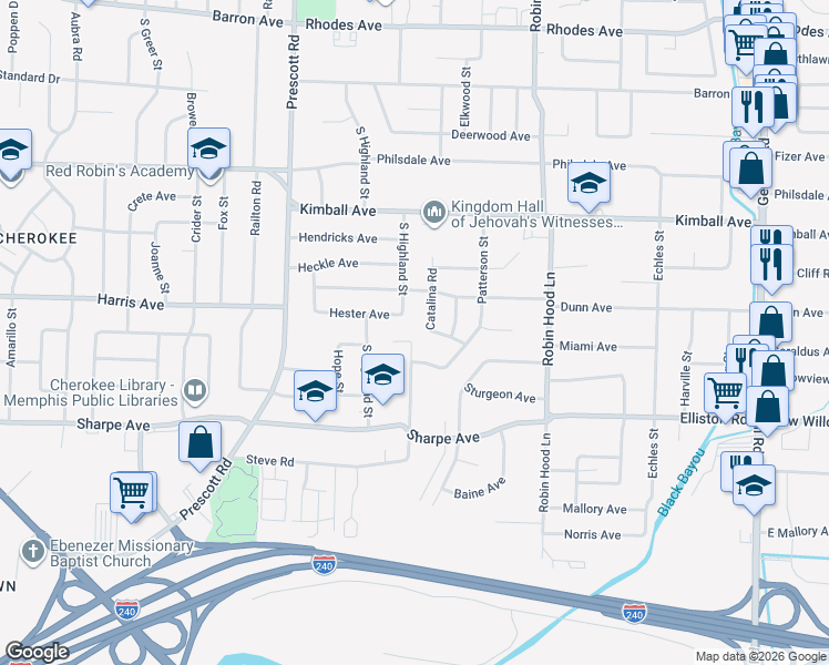 map of restaurants, bars, coffee shops, grocery stores, and more near 1550 Ellsworth Street in Memphis