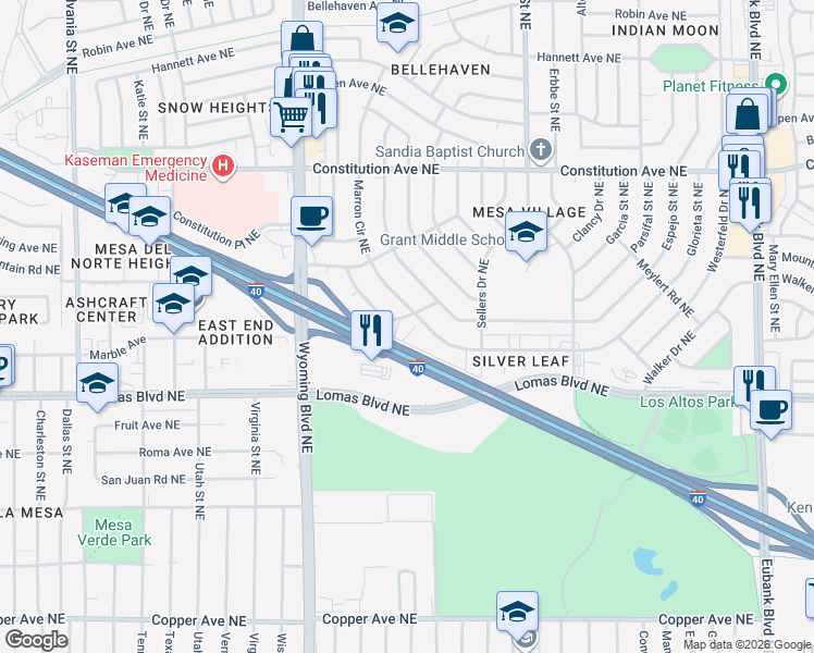 map of restaurants, bars, coffee shops, grocery stores, and more near 8662 Jaffa Road Northeast in Albuquerque