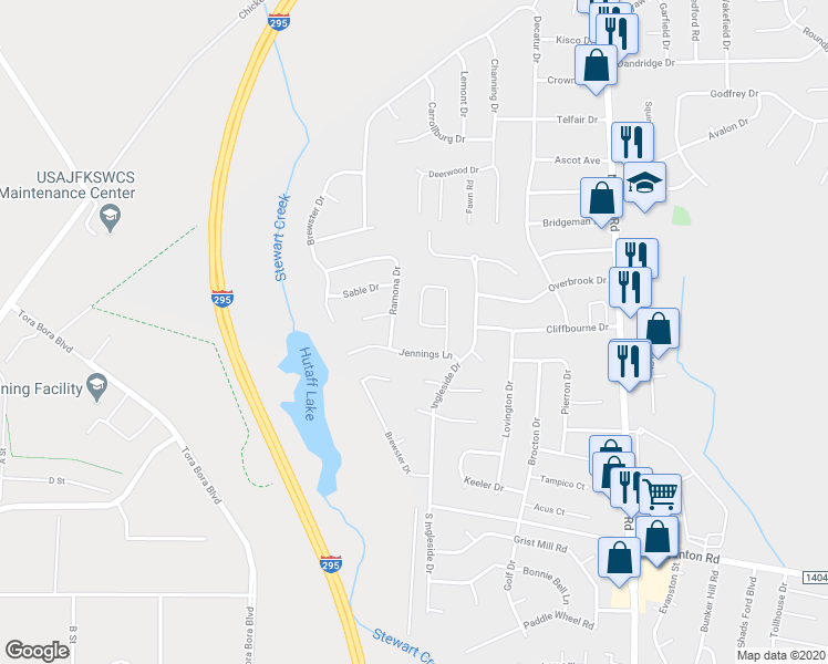map of restaurants, bars, coffee shops, grocery stores, and more near 348 Crabapple Circle in Fayetteville