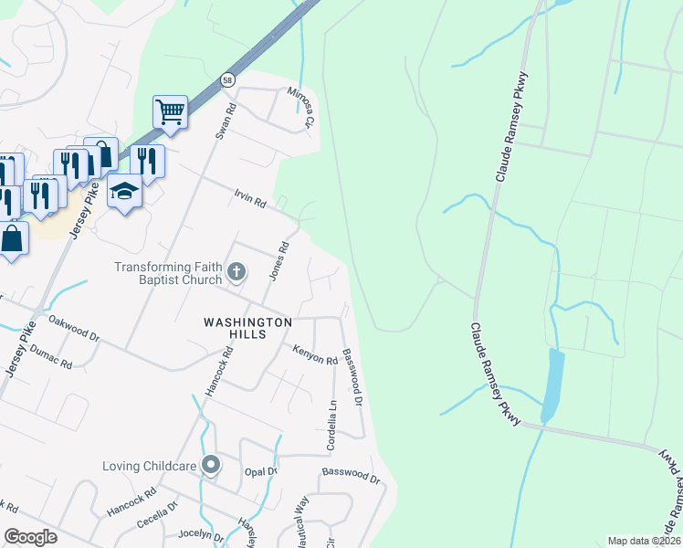 map of restaurants, bars, coffee shops, grocery stores, and more near 5610 Delaine Lane in Chattanooga