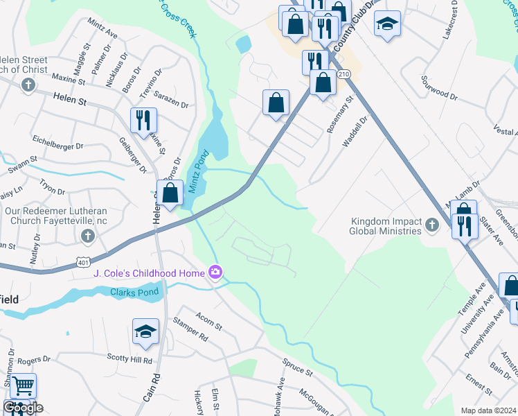map of restaurants, bars, coffee shops, grocery stores, and more near 1700 Pamalee Drive in Fayetteville