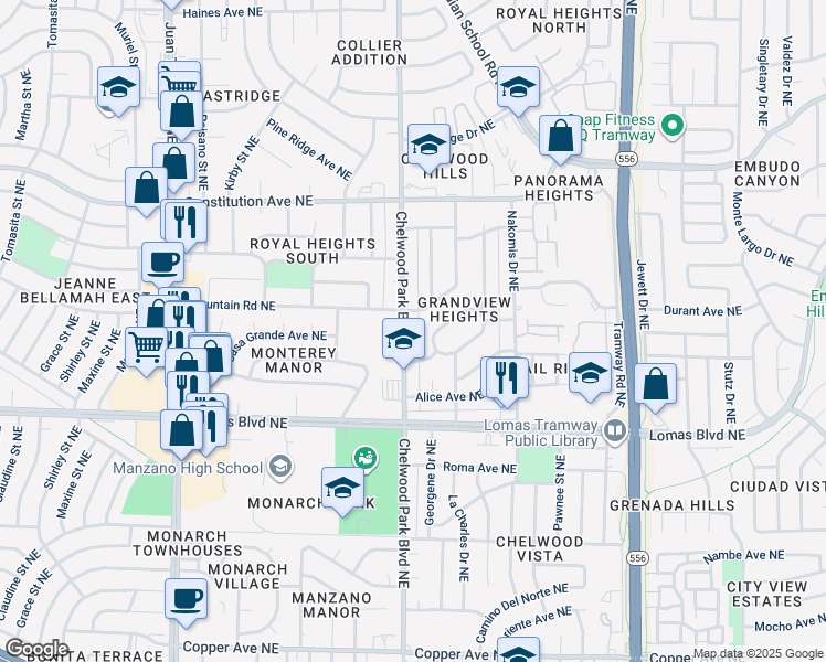map of restaurants, bars, coffee shops, grocery stores, and more near in Albuquerque