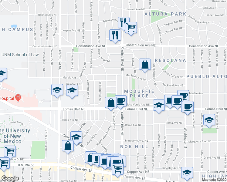 map of restaurants, bars, coffee shops, grocery stores, and more near 808 Amherst Drive Northeast in Albuquerque
