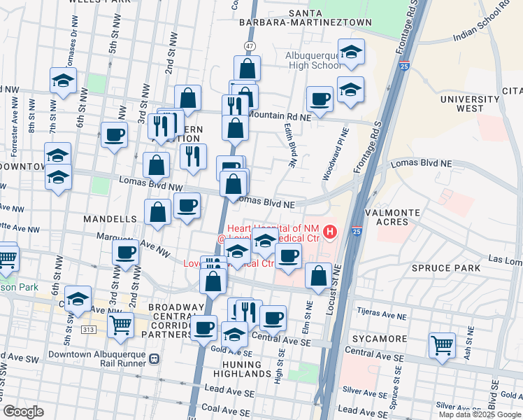 map of restaurants, bars, coffee shops, grocery stores, and more near in Albuquerque