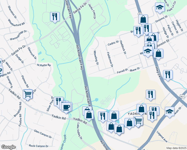 map of restaurants, bars, coffee shops, grocery stores, and more near 626 Dashland Drive in Fayetteville