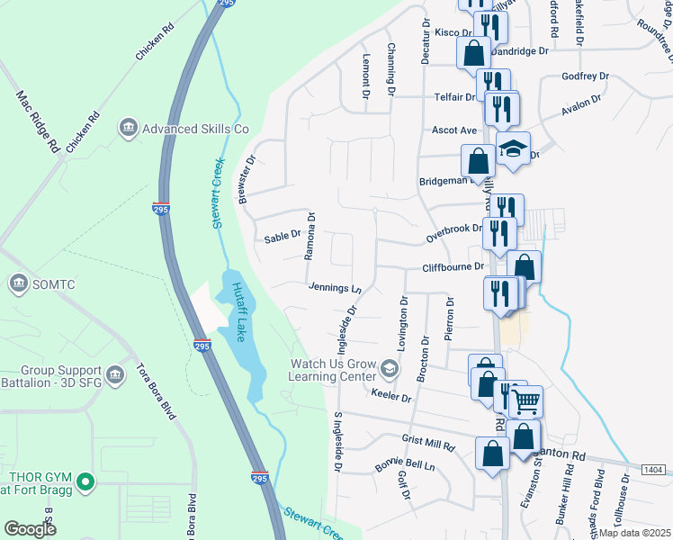 map of restaurants, bars, coffee shops, grocery stores, and more near 348 Crabapple Circle in Fayetteville