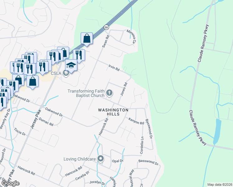 map of restaurants, bars, coffee shops, grocery stores, and more near 5013 Irvin Road in Chattanooga