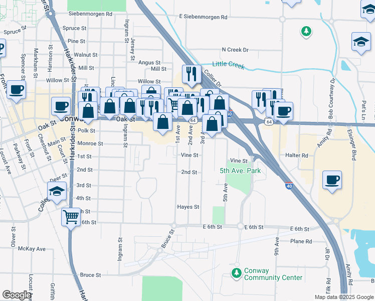 map of restaurants, bars, coffee shops, grocery stores, and more near 703 2nd Avenue in Conway