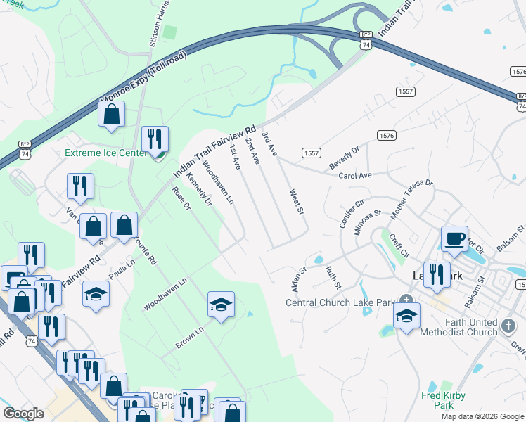 map of restaurants, bars, coffee shops, grocery stores, and more near 6702 1st Avenue in Indian Trail
