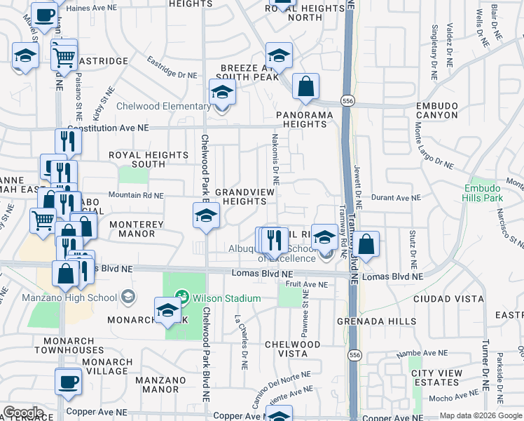map of restaurants, bars, coffee shops, grocery stores, and more near 12928 Granite Avenue Northeast in Albuquerque