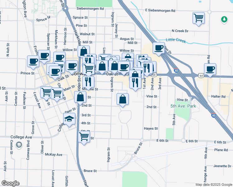 map of restaurants, bars, coffee shops, grocery stores, and more near 675 Ingram Village Drive in Conway