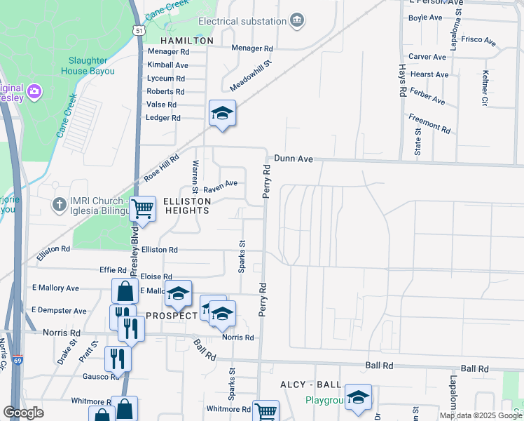 map of restaurants, bars, coffee shops, grocery stores, and more near 1571 Merlin Avenue in Memphis