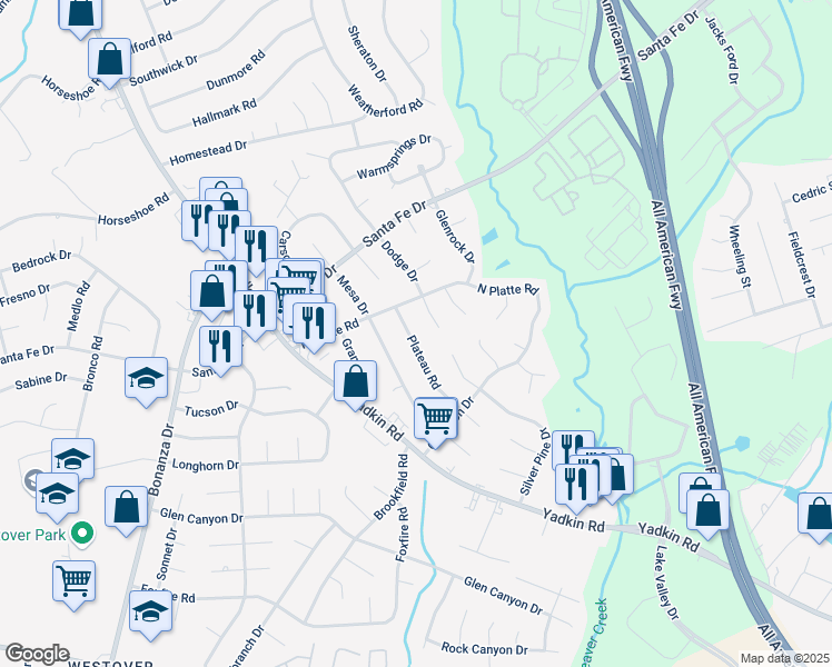 map of restaurants, bars, coffee shops, grocery stores, and more near 5450 Plateau Road in Fayetteville