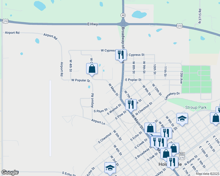 map of restaurants, bars, coffee shops, grocery stores, and more near 101 South Cherry Street in Holdenville
