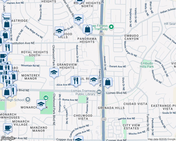 map of restaurants, bars, coffee shops, grocery stores, and more near 17 Casa Hermosa Drive Northeast in Albuquerque