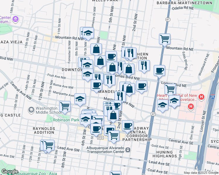 map of restaurants, bars, coffee shops, grocery stores, and more near 500 4th Street Northwest in Albuquerque