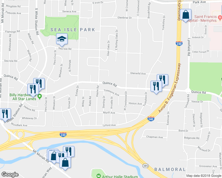 map of restaurants, bars, coffee shops, grocery stores, and more near 5450 Timmons Avenue in Memphis