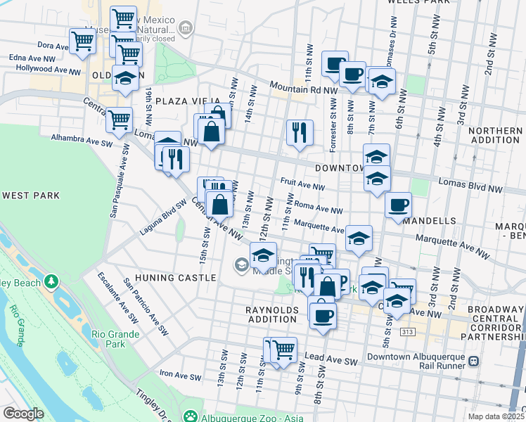 map of restaurants, bars, coffee shops, grocery stores, and more near 303 12th Street Northwest in Albuquerque
