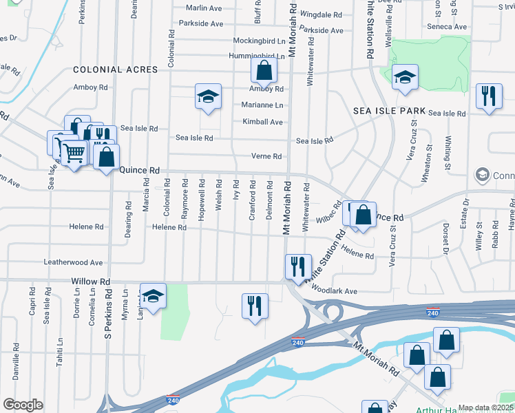 map of restaurants, bars, coffee shops, grocery stores, and more near 1534 Cranford Road in Memphis