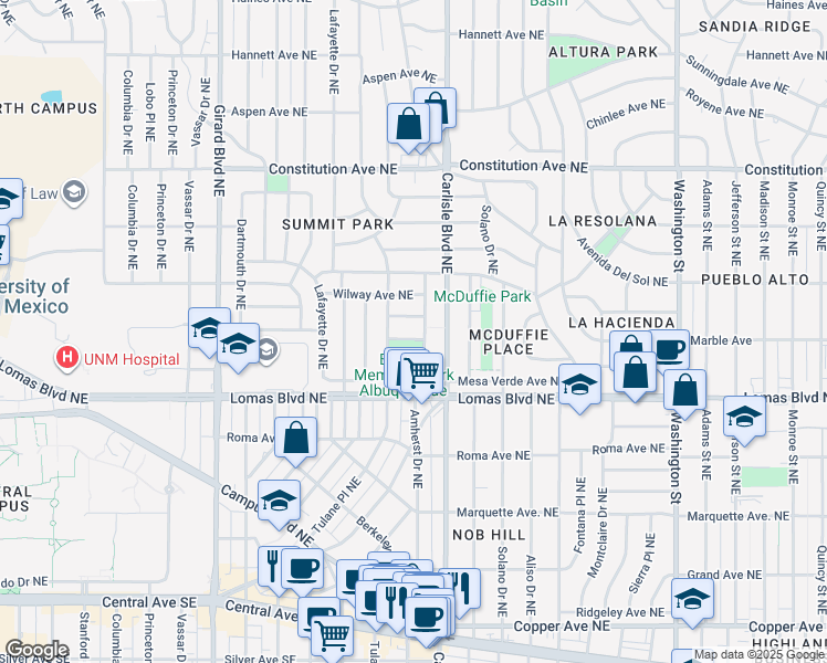 map of restaurants, bars, coffee shops, grocery stores, and more near 808 Amherst Drive Northeast in Albuquerque