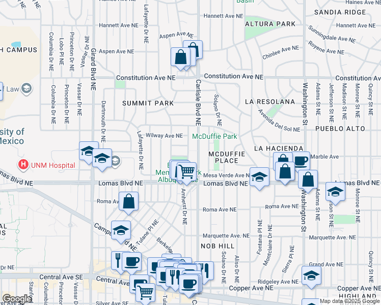 map of restaurants, bars, coffee shops, grocery stores, and more near 808 Amherst Drive Northeast in Albuquerque