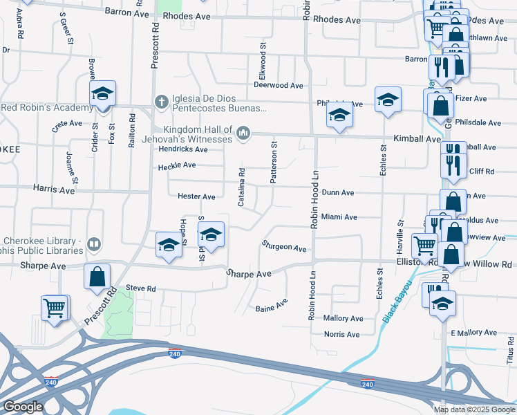 map of restaurants, bars, coffee shops, grocery stores, and more near 1544 Elkwood Street in Memphis