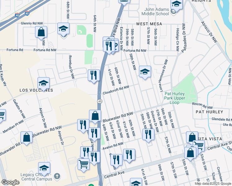 map of restaurants, bars, coffee shops, grocery stores, and more near 471 61st Street Northwest in Albuquerque