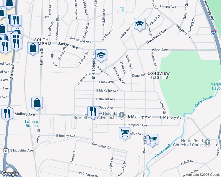 map of restaurants, bars, coffee shops, grocery stores, and more near 628 East McKellar Avenue in Memphis