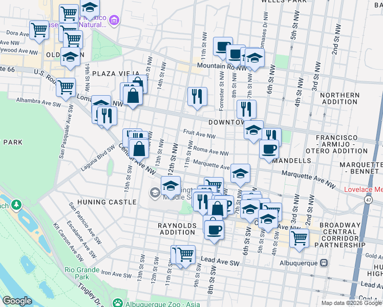 map of restaurants, bars, coffee shops, grocery stores, and more near 412 11th Street Northwest in Albuquerque