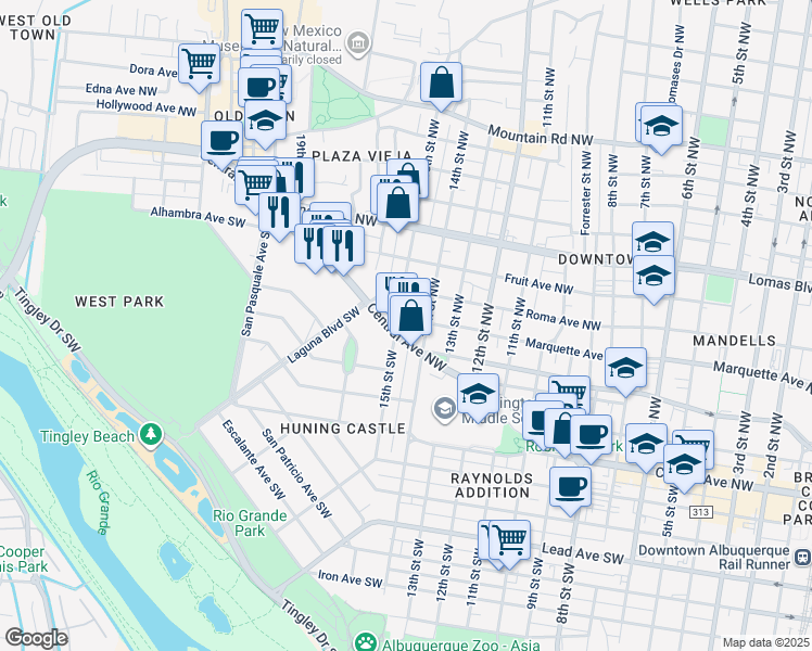 map of restaurants, bars, coffee shops, grocery stores, and more near 1429 Central Avenue Northwest in Albuquerque