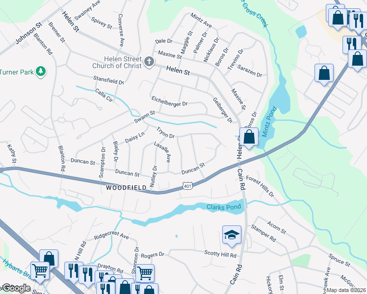 map of restaurants, bars, coffee shops, grocery stores, and more near 1614 Morehead Avenue in Fayetteville