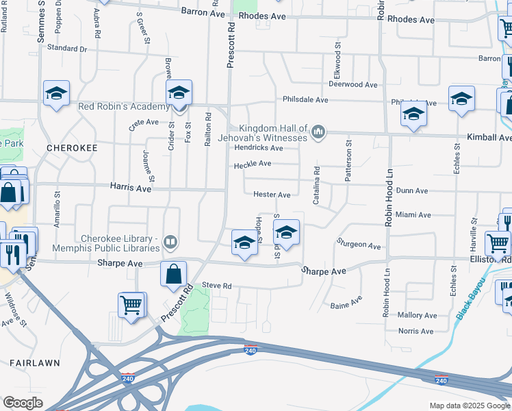 map of restaurants, bars, coffee shops, grocery stores, and more near 3456 Kirby Avenue in Memphis
