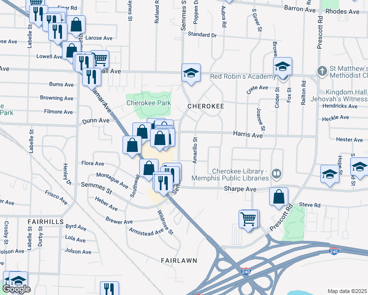 map of restaurants, bars, coffee shops, grocery stores, and more near 1546 Semmes Street in Memphis