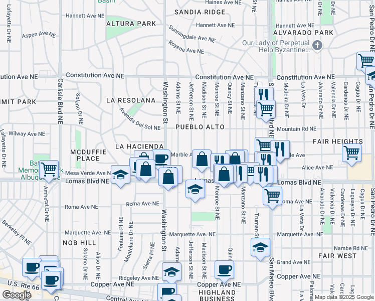 map of restaurants, bars, coffee shops, grocery stores, and more near 701 Jefferson Street Northeast in Albuquerque