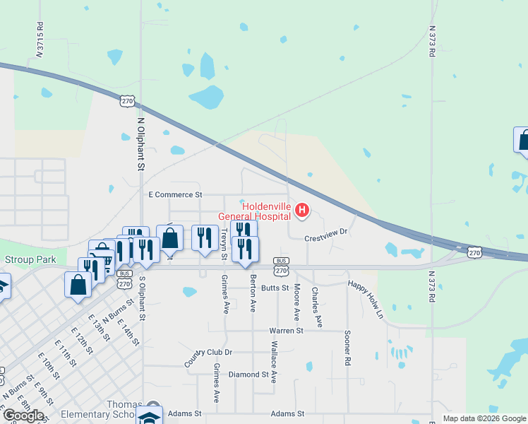 map of restaurants, bars, coffee shops, grocery stores, and more near 200 McDougal Drive in Holdenville