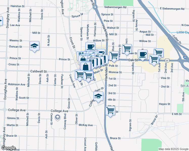 map of restaurants, bars, coffee shops, grocery stores, and more near 1010 Main Street in Conway