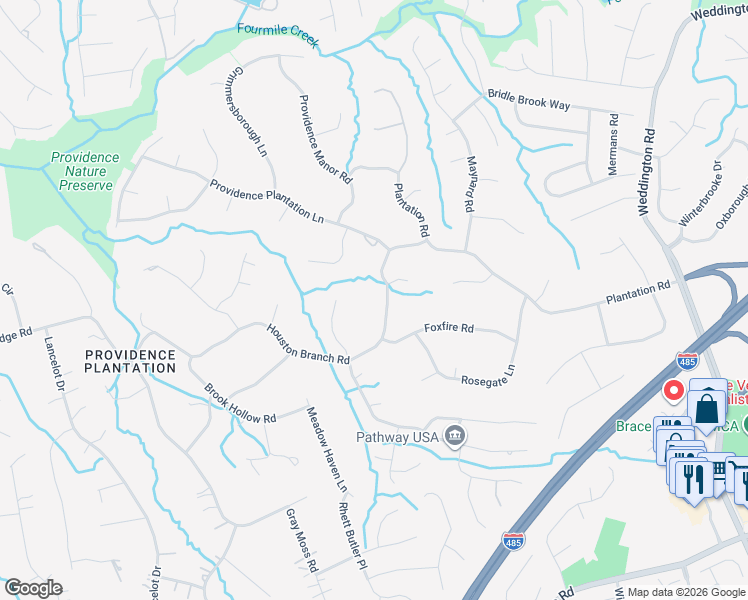 map of restaurants, bars, coffee shops, grocery stores, and more near 2408 Houston Branch Road in Charlotte