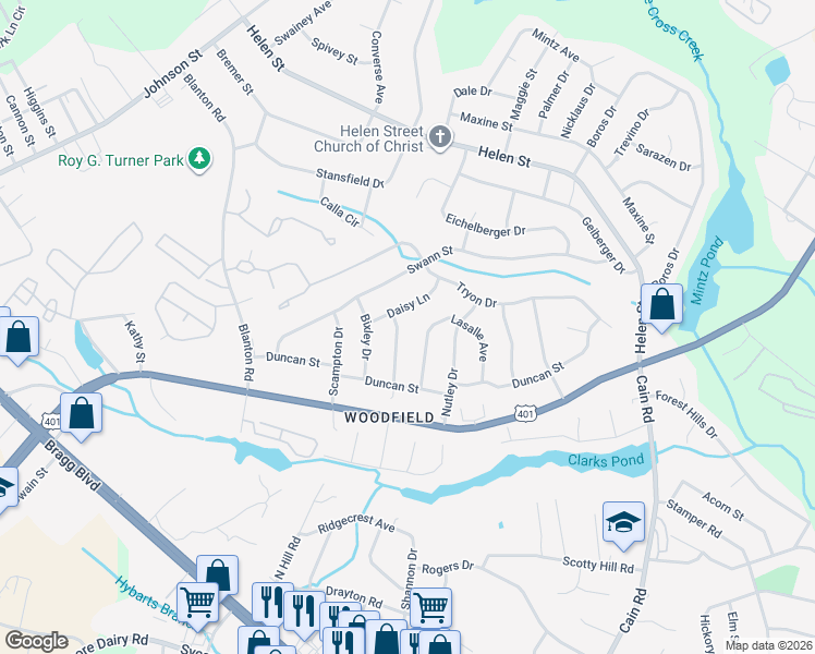 map of restaurants, bars, coffee shops, grocery stores, and more near 1726 Webster Avenue in Fayetteville
