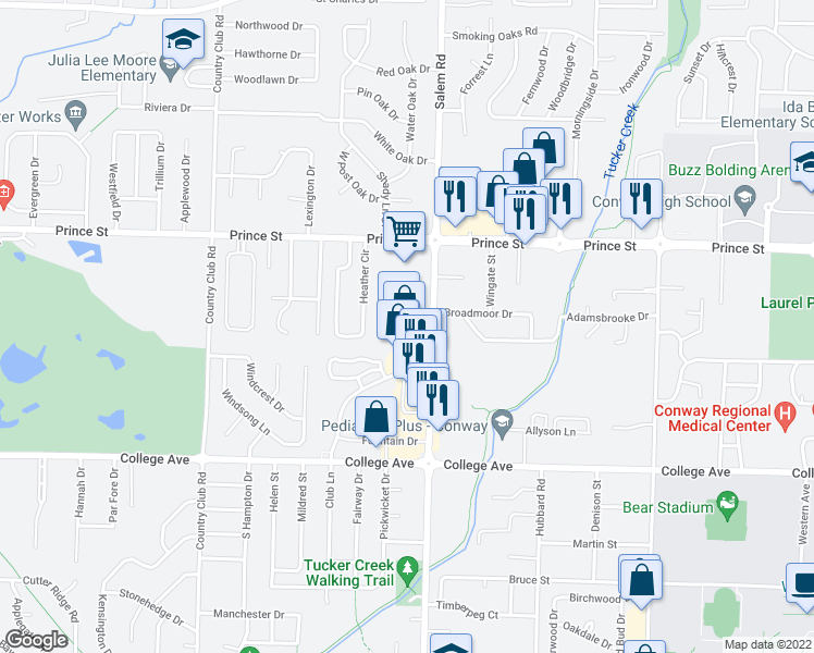 map of restaurants, bars, coffee shops, grocery stores, and more near 855 Salem Road in Conway