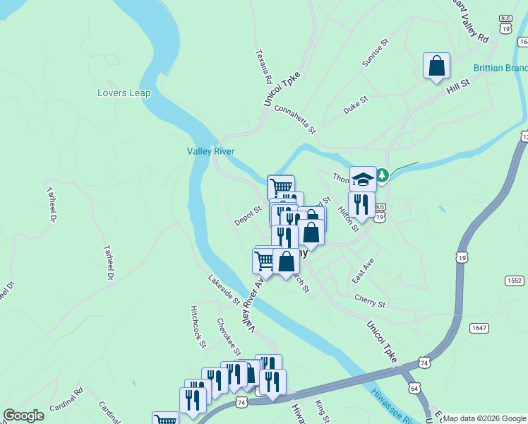map of restaurants, bars, coffee shops, grocery stores, and more near 133 Tennessee Street in Murphy