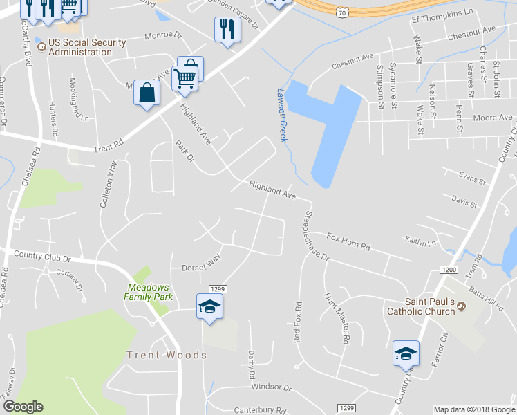map of restaurants, bars, coffee shops, grocery stores, and more near 3901 Canterbury Road in New Bern